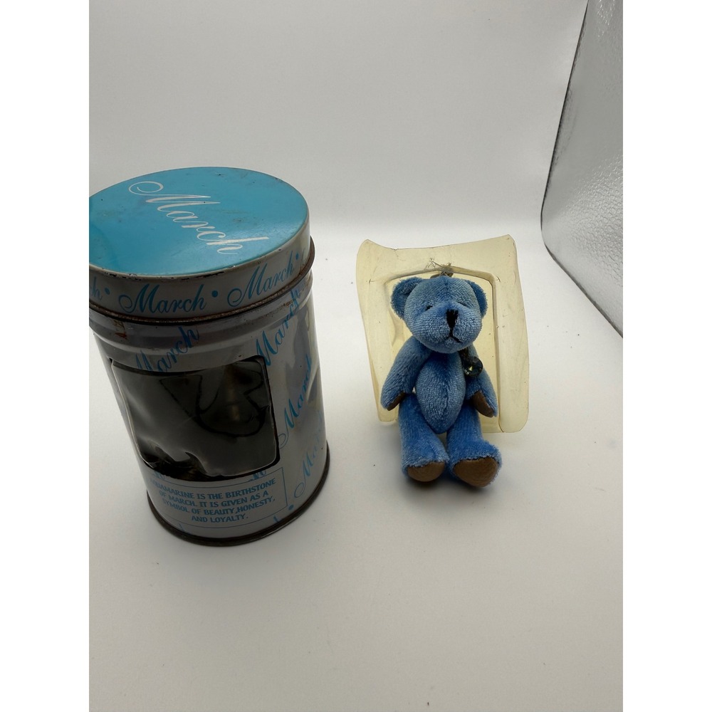 Vintage Russ Berrie March Aquamarine Birthstone Teddy Bear Plush in Tin Blue 90s